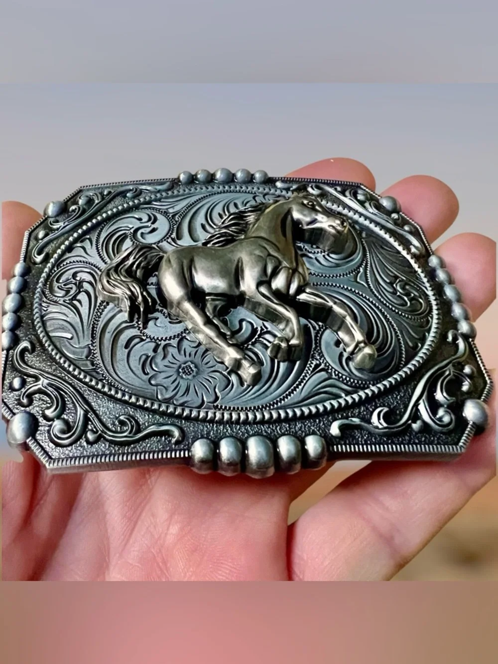 Detailed Silver Engraved Horse/Western Unisex Clip-On Belt Buckle